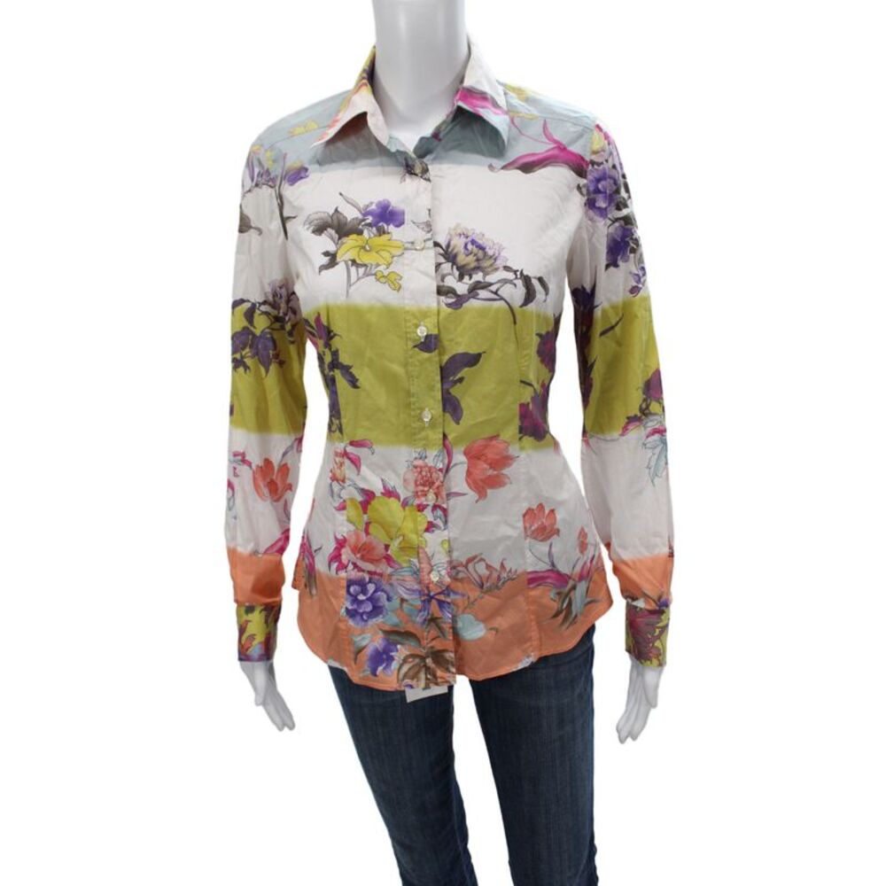 Etro Women Floral Collared Button-Up Long Sleeve Cotton Elastane Top Size 42